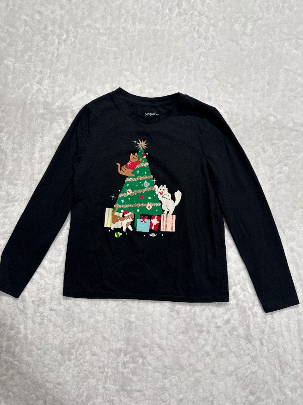Cat & Jack Cats Christmas tree graphic tee black glitter long sleeve kids M (8)